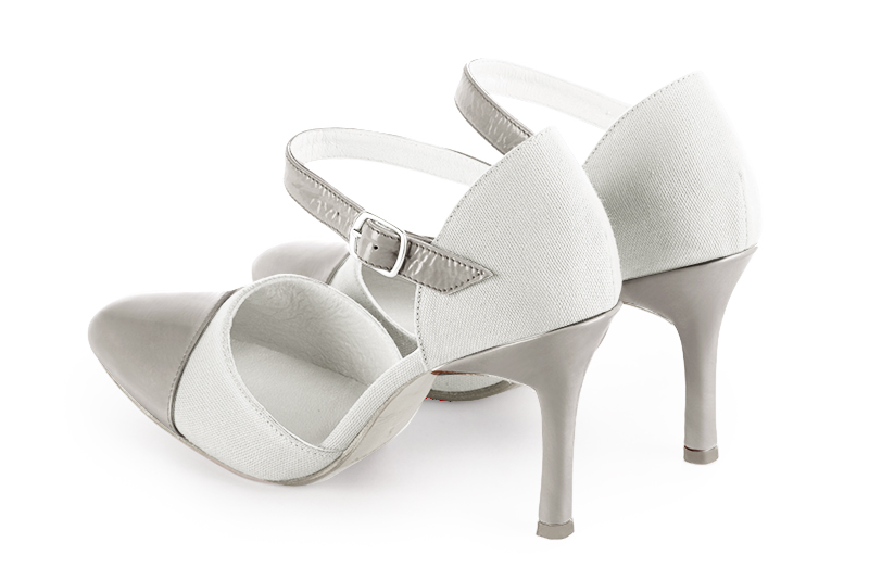 Pearl grey and pure white women's open side shoes, with an instep strap. Round toe. Very high slim heel. Rear view - Florence KOOIJMAN